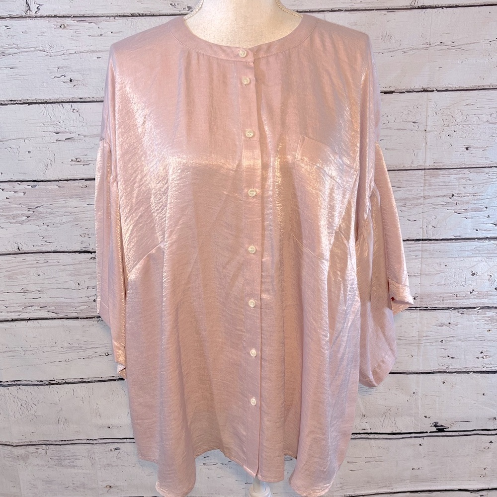 TWO BY VINCE CAMUTO Blouse Bell Sleeve Rumpled Satin Pink-2X